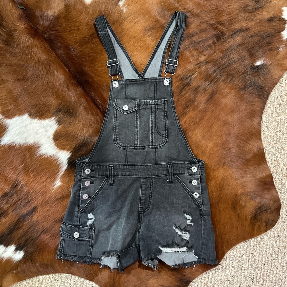 Black Distressed Denim Short Overalls